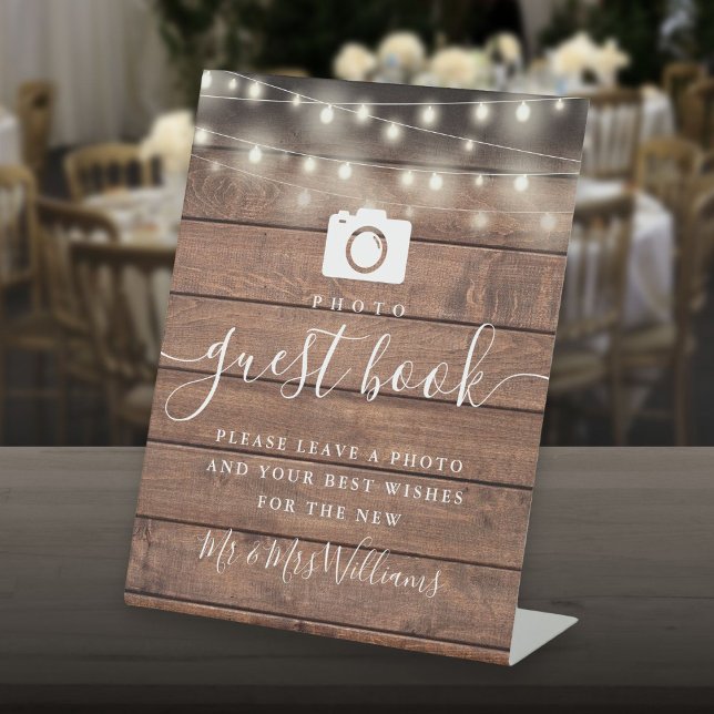 Rustic Wood String Lights Photo Guest Book Pedestal Sign (Rustic Wood String Lights Photo Guest Book Pedestal Sign)