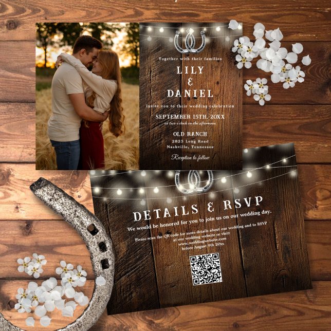 Rustic Wood String Lights Photo QR Code Wedding Invitation (Rustic Wood String Lights Photo QR Code Wedding Invitation)