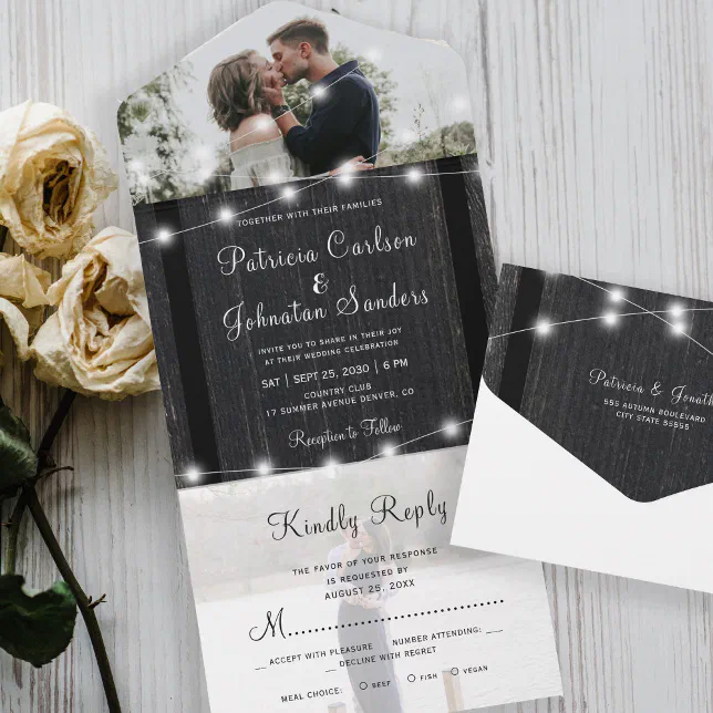 Rustic wood string lights photo rsvp wedding all in one invitation | Zazzle