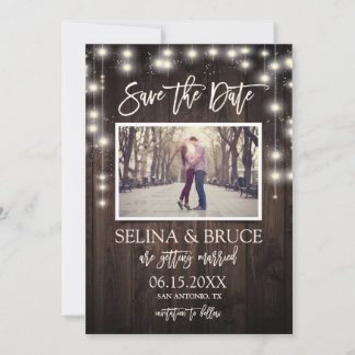 Rustic Wood String Lights Photo Save the Date Card