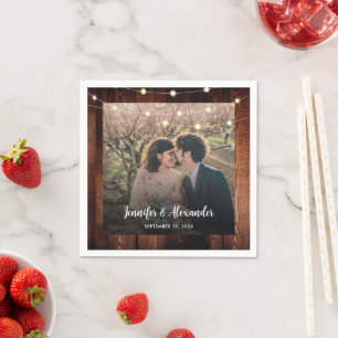 Rustic wood string lights photo wedding napkin