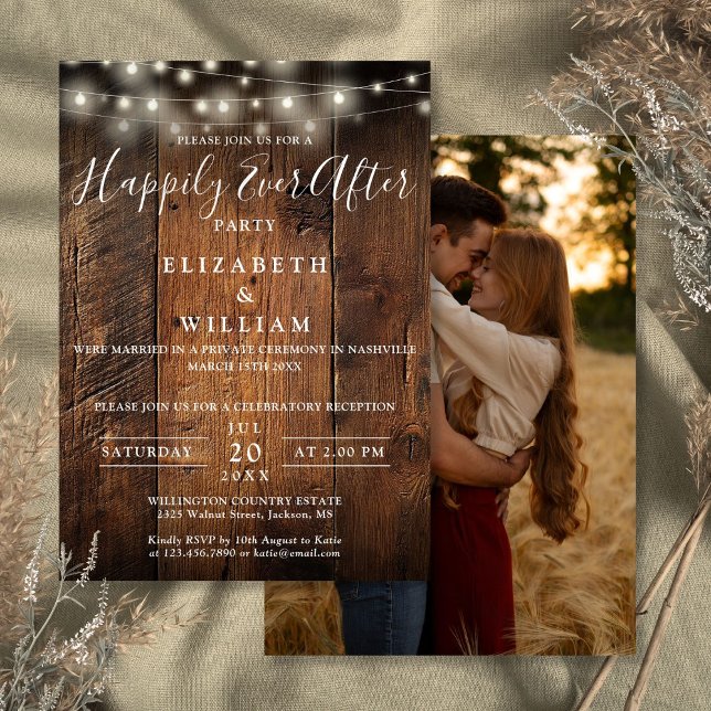 Rustic Wood String Lights Photo Wedding Reception Invitation (Rustic Wood String Lights Photo Wedding Reception Invitation)