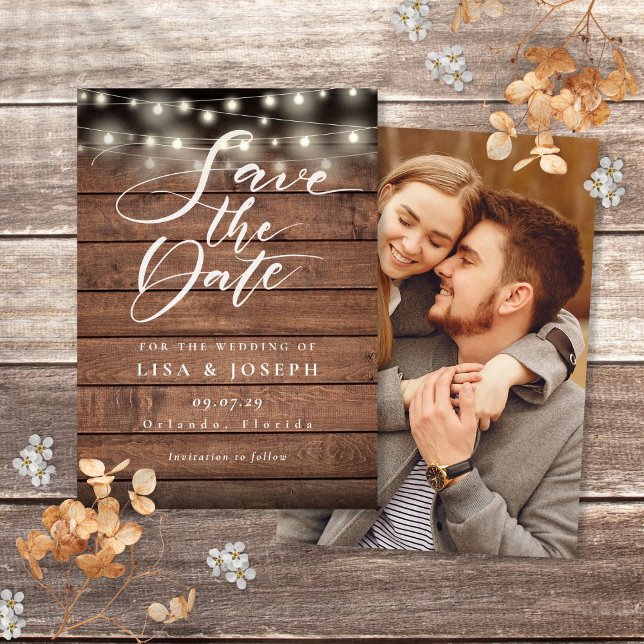 Rustic Wood String Lights Photo Wedding Save The Date (Rustic Wood String Lights Photo Wedding Save The Date)