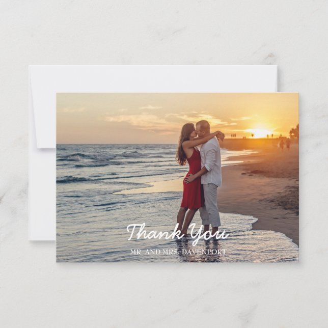 Rustic Wood String Lights Photo Wedding Thank You (Front)