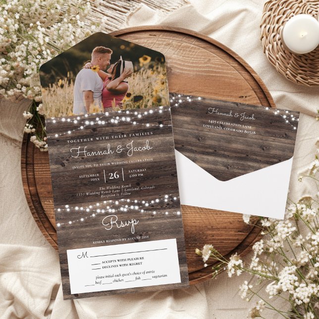 Rustic Wood String Lights Photo With RSVP Wedding All In One Invitation (Creator Uploaded)