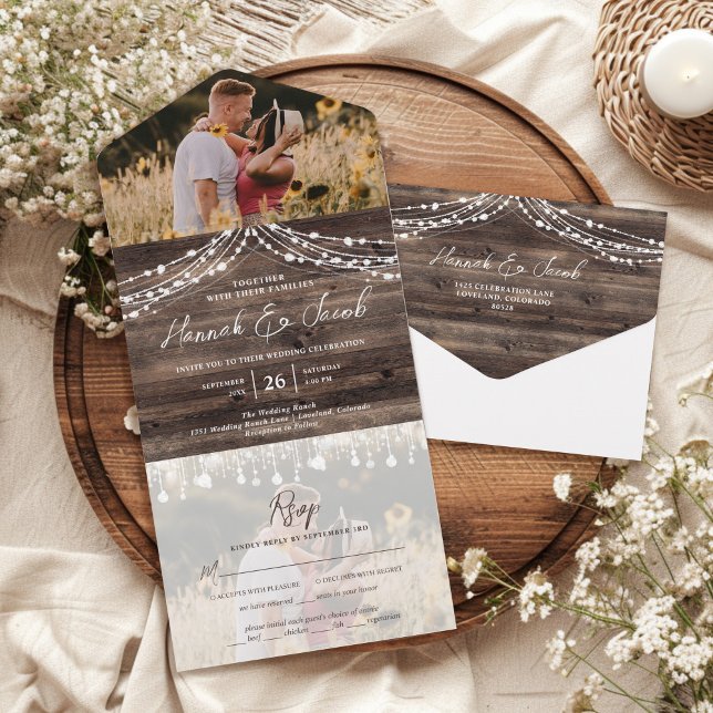 Rustic Wood String Lights Photo With RSVP Wedding All In One Invitation (Creator Uploaded)