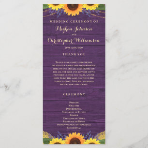 Rustic Wood String Lights Purple Sunflower Wedding Programme