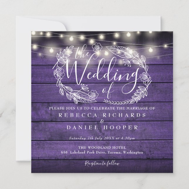 Rustic Wood String Lights Purple Wedding Invitation (Front)
