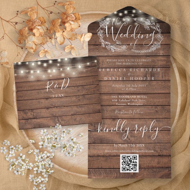 Rustic Wood String Lights QR Code Floral Wedding All In One Invitation (Rustic Wood String Lights QR Code Floral Wedding All In One Invitation)