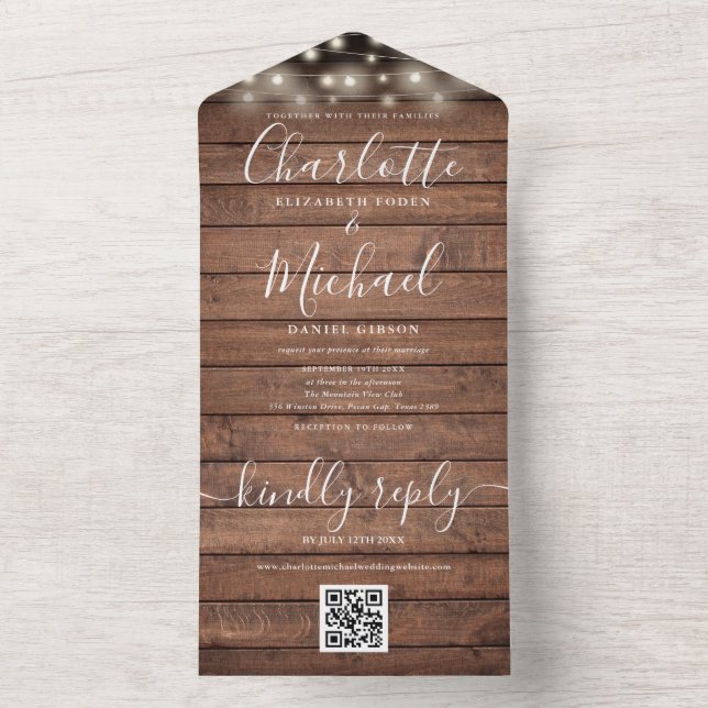 Rustic Wood String Lights QR Code Wedding  All In One Invitation (Inside)