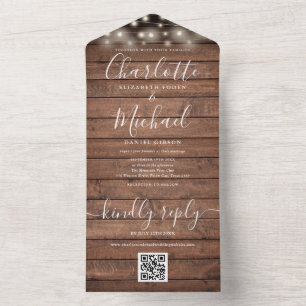 Rustic Wood String Lights QR Code Wedding All In One Invitation