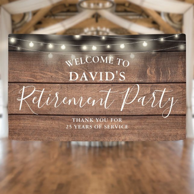 Rustic Wood String Lights Retirement Party Banner (Rustic Wood String Lights Retirement Party Banner)