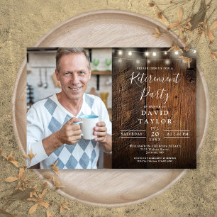 Rustic Wood String Lights Retirement Party Photo Invitation