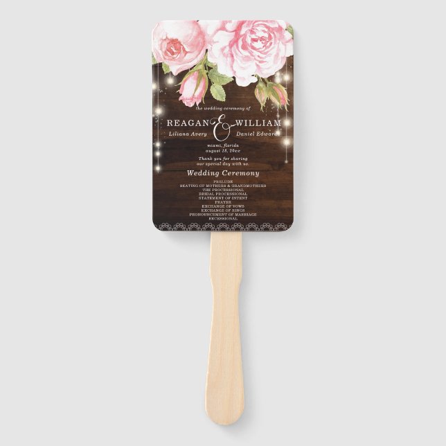 Rustic Wood String Lights Roses Custom Wedding Hand Fan (Front)