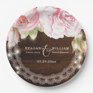 Rustic Wood String Lights Roses Wedding Custom Paper Plate