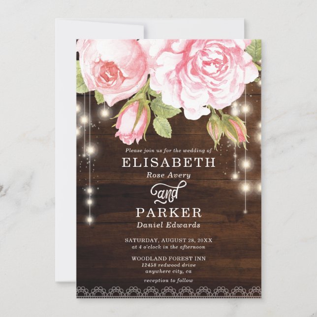 Rustic Wood String Lights Roses Wedding Invitation (Front)