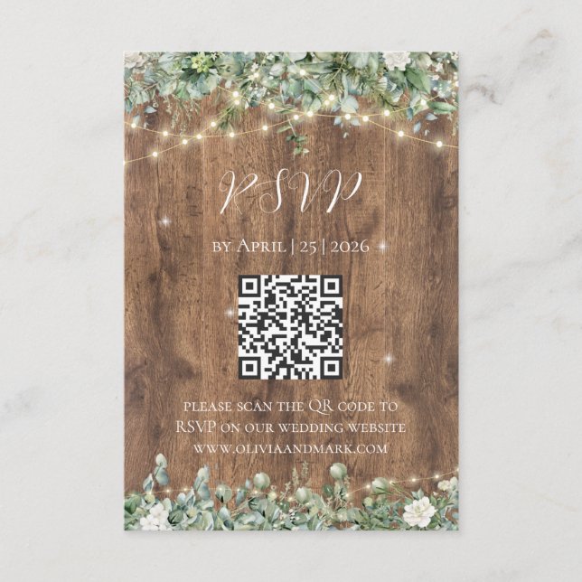 Rustic Wood & String Lights RSVP Card | Barn (Front)
