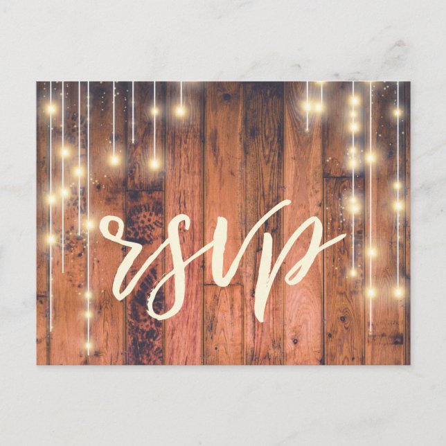 Rustic Wood String Lights | RSVP Meal Invitation Postcard (Front)