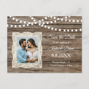 Rustic Wood & String Lights Save the Date Postcard