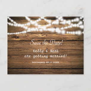 Rustic Wood & String Lights Save The Date Postcard