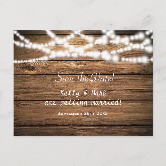 Rustic Wood & String Lights Save The Date Postcard (Front)