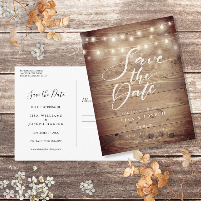 Rustic Wood String Lights Script Save the Date Postcard (Rustic Wood String Lights Script Save the Date Postcard)