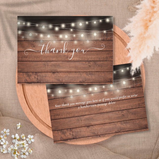 Rustic Wood String Lights Script Thank You Card (Creator Uploaded)