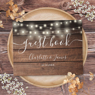 Rustic Wood String Lights Script Wedding Guest Book