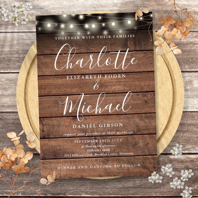 Rustic Wood String Lights Script Wedding Invitation (Rustic Wood String Lights Script Wedding Invitation)
