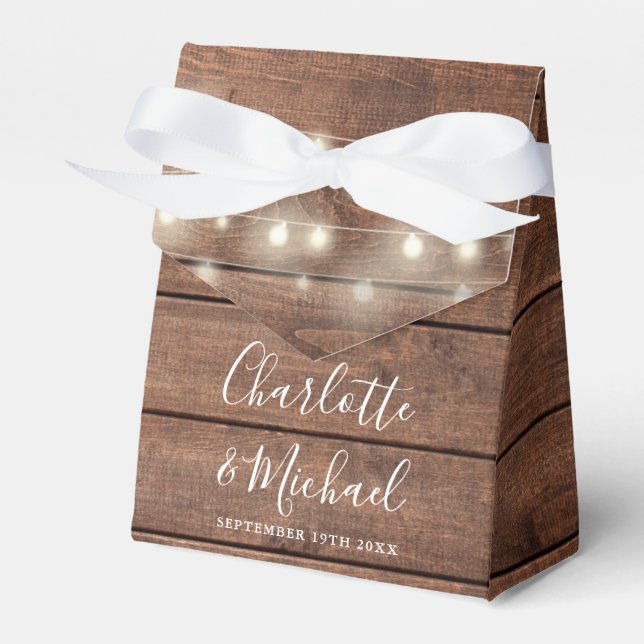Rustic Wood String Lights Signature Script Wedding Favour Box (Front Side)