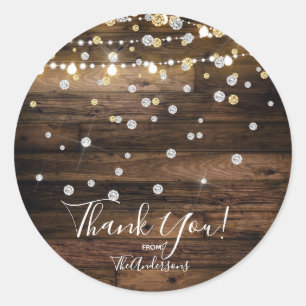 Rustic Wood & String Lights Silver Gold Confetti Classic Round Sticker