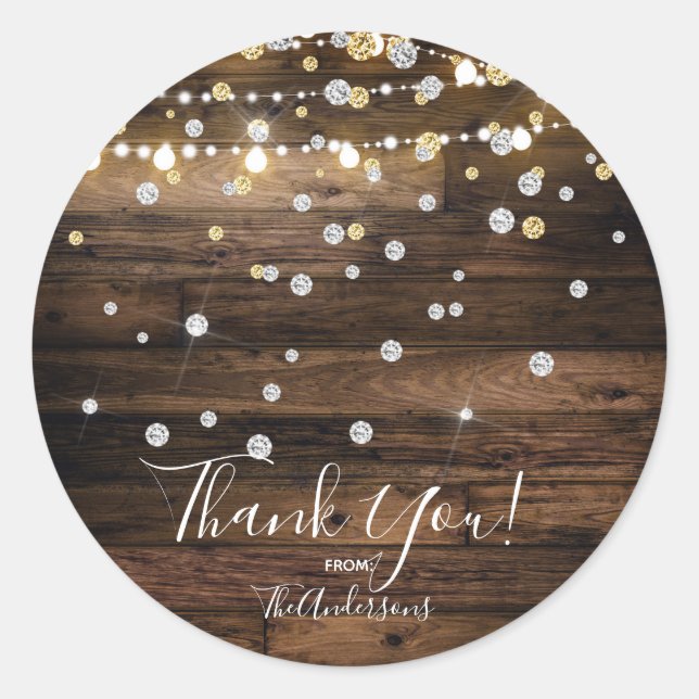 Rustic Wood & String Lights Silver Gold Confetti Classic Round Sticker (Front)