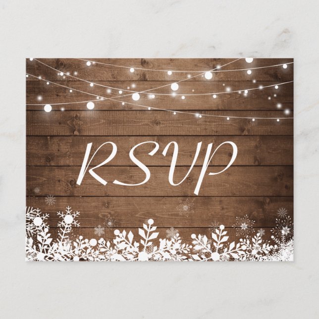 Rustic Wood String Lights Snowflakes Wedding RSVP Invitation Postcard (Front)