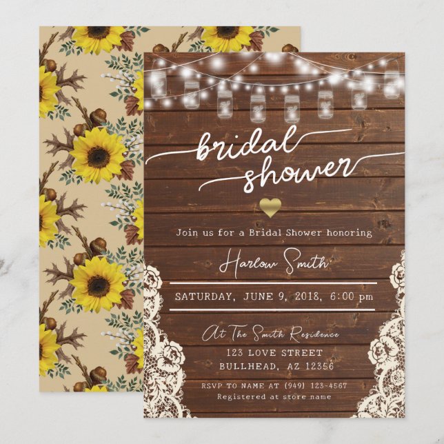 Rustic Wood String Lights Sunflower Bridal Shower Invitation (Front/Back)