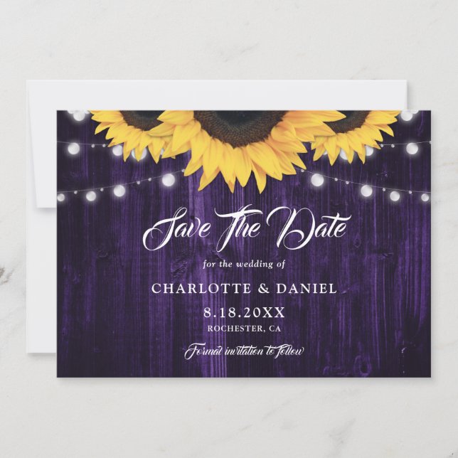 Rustic Wood String Lights Sunflower Purple Wedding Save The Date (Front)