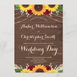 Rustic Wood String Lights Sunflower Rose Wedding Invitation