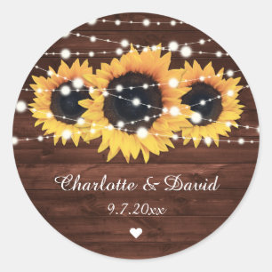 Rustic Wood String Lights Sunflower Wedding Classic Round Sticker