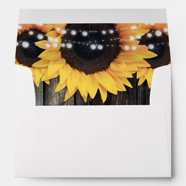 Rustic Wood String Lights Sunflower Wedding Envelope (Back (Bottom))