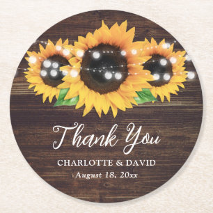 Rustic Wood String Lights Sunflower Wedding Round Paper Coaster