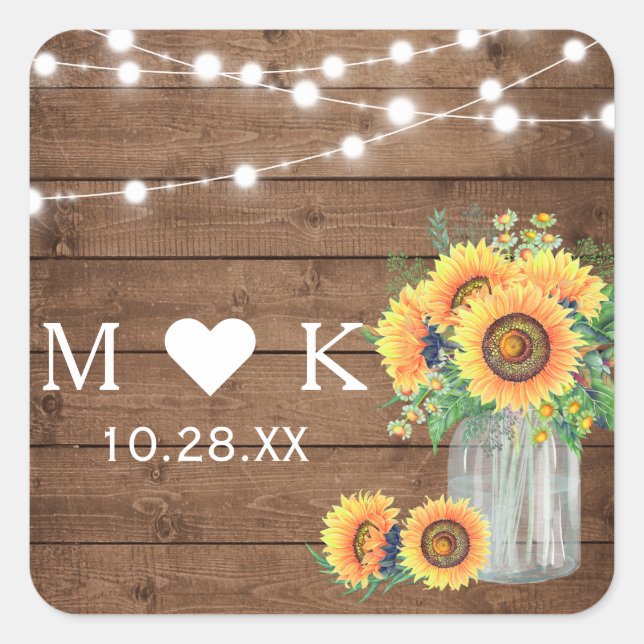 Rustic Wood String Lights Sunflowers Wedding Favou Square Sticker (Front)