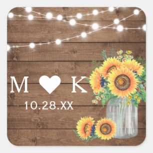 Rustic Wood String Lights Sunflowers Wedding Favou Square Sticker