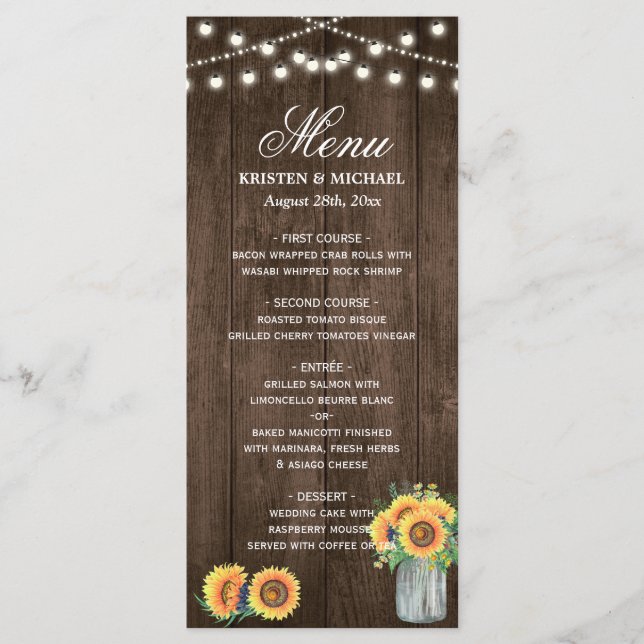Rustic Wood String Lights Sunflowers Wedding Menu (Front)