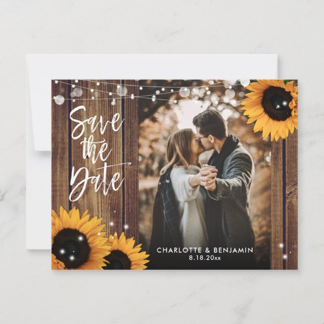 Rustic Wood String Lights Sunflowers Wedding Photo Save The Date (Front)