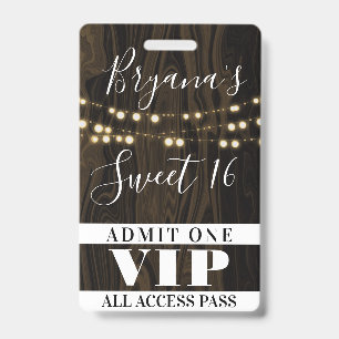 Rustic Wood String Lights Sweet 16 VIP Pass ID Badge