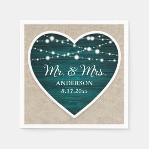Rustic Wood String Lights Teal Mr and Mrs Wedding Napkin