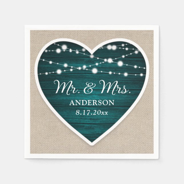 Rustic Wood String Lights Teal Mr and Mrs Wedding Napkin (Front)