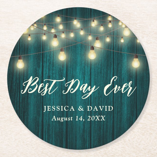 Rustic Wood String Lights Teal Wedding Round Paper Coaster (Front)
