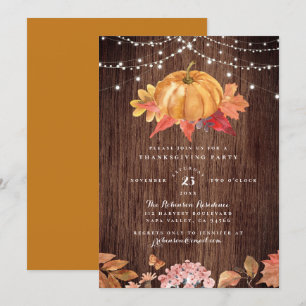 Rustic Wood & String Lights Thanksgiving Party Invitation