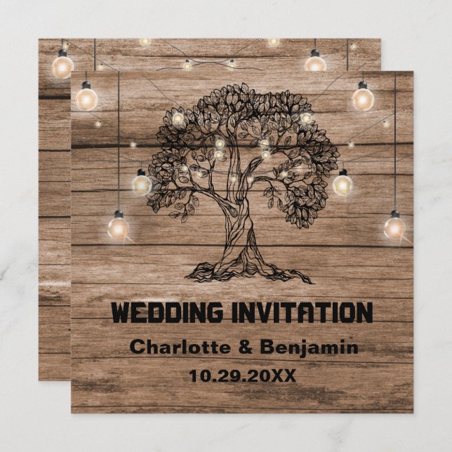 Rustic Wood String Lights & Tree Wedding Invitation (Front/Back)