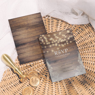 Rustic Wood & String Lights Vintage Lace RSVP Card